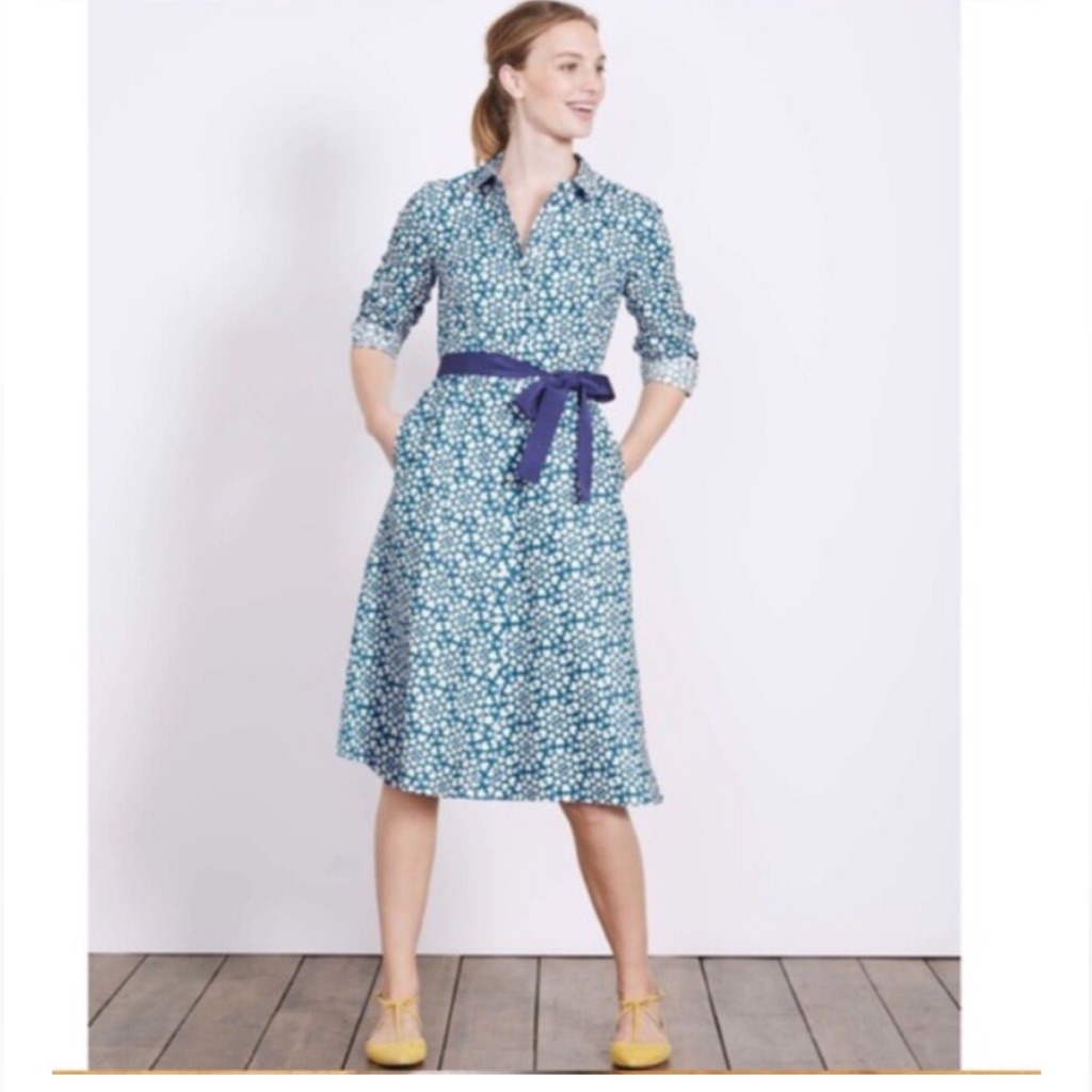 Boden Blue Floral Shirt Midi Dress With Navy Belt